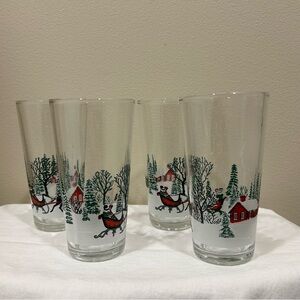 4 KIG Christmas Frosted Etched Winter Snow Scene Drink Glasses Holiday Barn